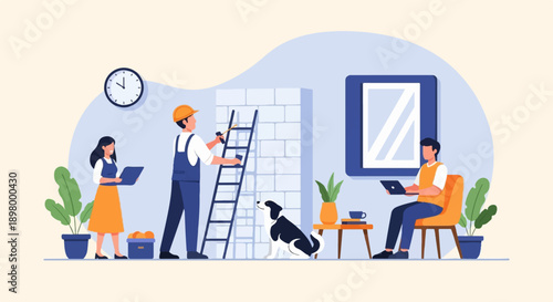 People working and relaxing at home with a dog