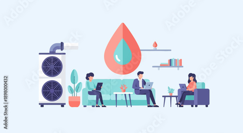 Modern office with people working, plants, and air conditioning units