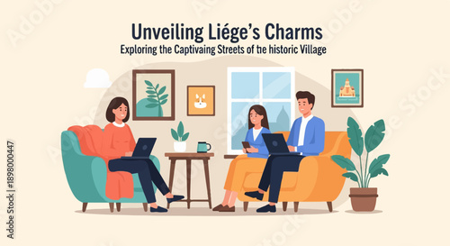 People using laptops and phones at home with decor