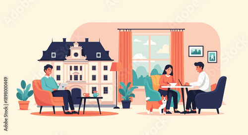 People relax and work inside a cozy home with a view of a stately building
