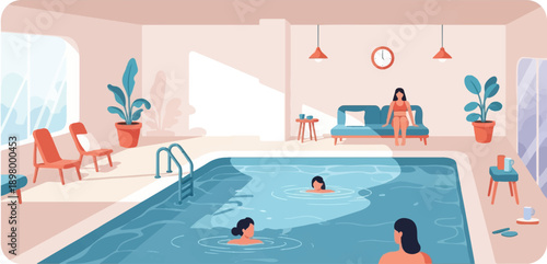 People relax and swim in a modern indoor pool with lounge chairs