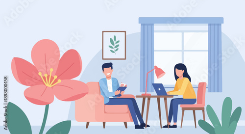 People working and relaxing at home near a large flower and window