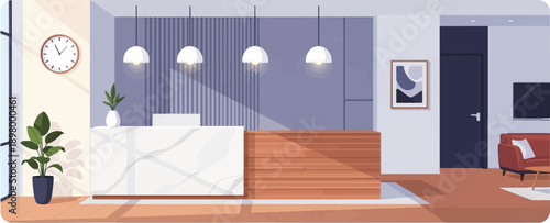 Modern reception area with plants, seating, and abstract art