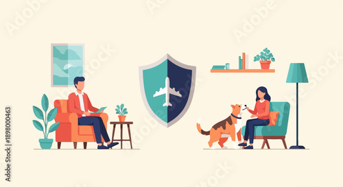 People and pets in a secure, comfortable home environment, guarded by shield