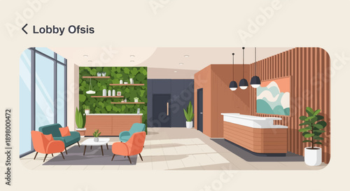 Modern reception area with green wall, seating and reception desk