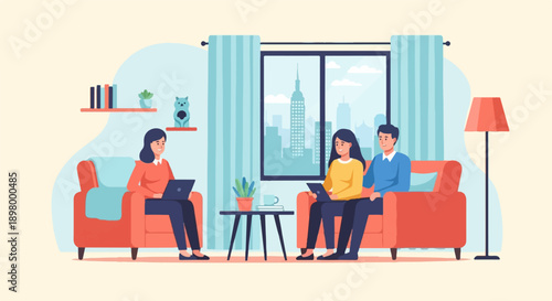 People using laptops in a living room with city view