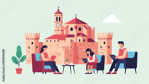 People relax and work on devices in front of a grand, ancient fortress structure