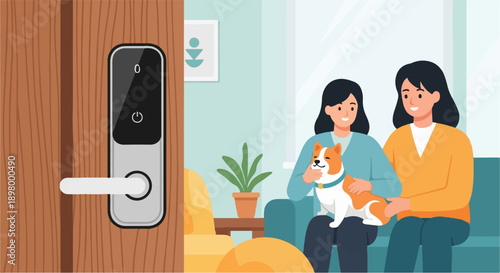 Modern smart lock on wooden door with happy family and pet in living room