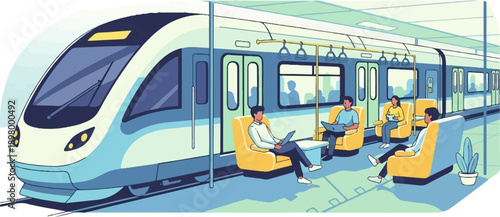 People relax and work inside a modern train carriage with yellow seats