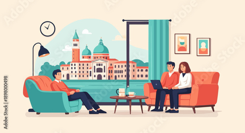 People inside a home with a cityscape view through the window