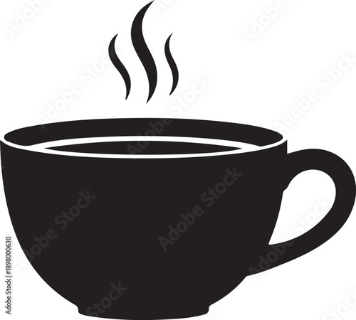 A black and white illustration of a steaming cup of coffee on a white background Vector