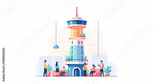 Modern tower with people relaxing and interacting in a bright, airy space