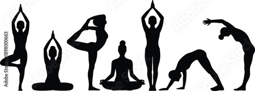 Seven yoga pose silhouettes in sequence, flexibility, balance, meditation, wellness, physical discipline, calm energy, fitness, flat vector illustration