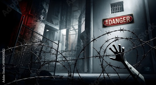 Hand reaching out from barbed wire in dark prison cell with danger sign on wall