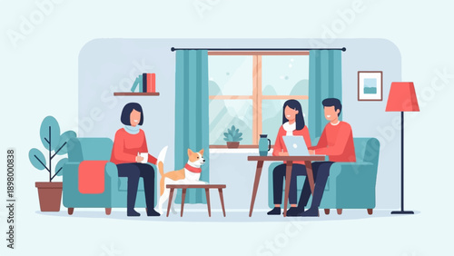 People and dog in a cozy living room with a laptop