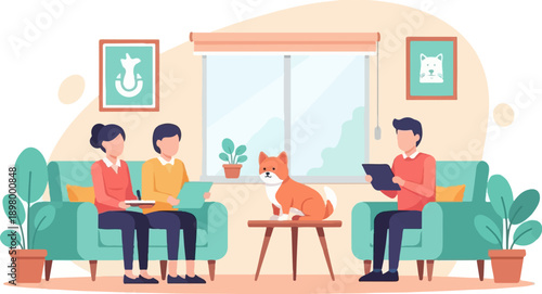 People and dog in a cozy living room with plants and art