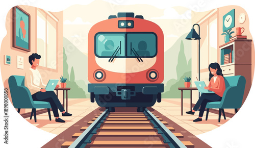 People using laptops on chairs by train tracks in a waiting area