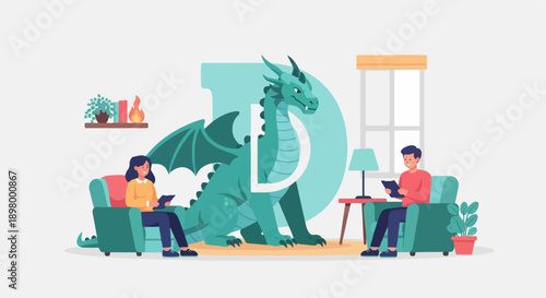 People read while a large dragon sits behind them by a large letter D