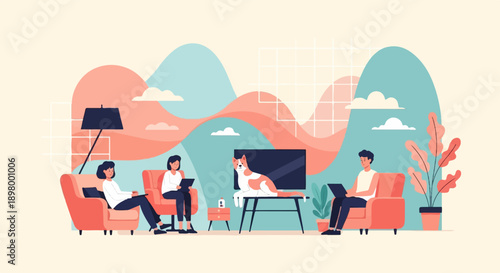 People and cat relaxing at home with abstract background