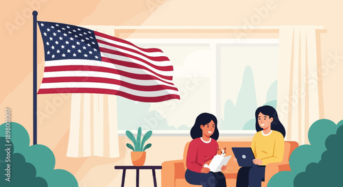 People relax at home with an American flag waving outside