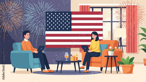 People indoors watching fireworks with American flag in background