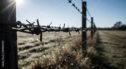 barbed wire fence in frosty field with wooden posts and clear blue sky, for background or texture, isolated elements