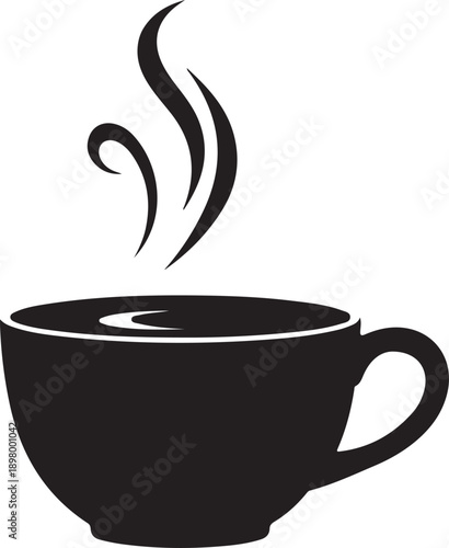 A simple black and white illustration of a steaming coffee cup on a white background Vector