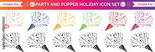 Birthday popper striped cone, holiday party firecracker with confetti and ribbon. Isolated cartoon vector vibrant shooter bursts of joy, releasing festive confetti to celebrate the special occasion