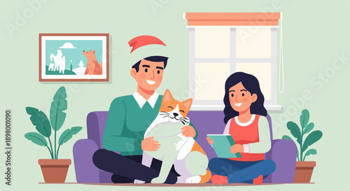 People and cat on sofa with Christmas hat