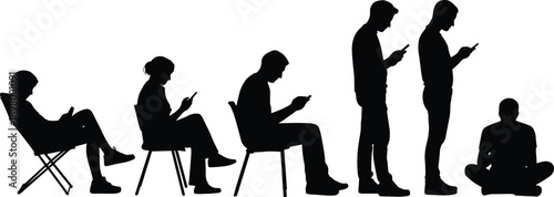 Smartphone usage silhouette with seated and standing figures, mobile addiction, digital behavior, modern posture, technology impact, flat vector illustration