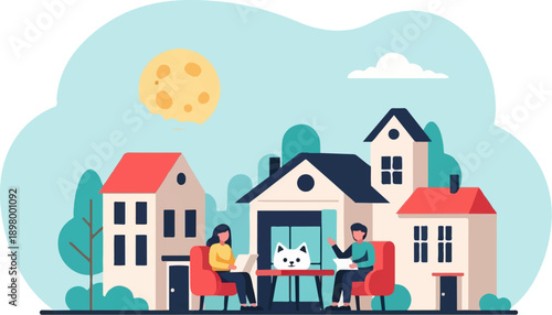 People and cat enjoy a pleasant day near colorful houses under a large moon