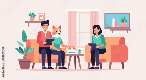 People and anthropomorphic dogs gather in a cozy room, discussing on tablets