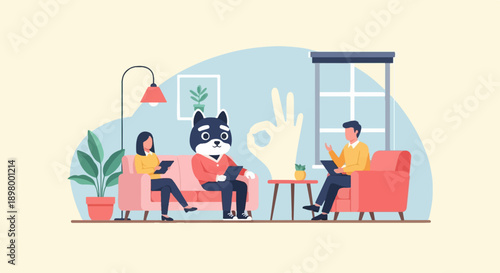 People and anthropomorphic dog in a cozy room discussing ideas