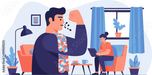 People indoors one sneezes, the other works on laptop