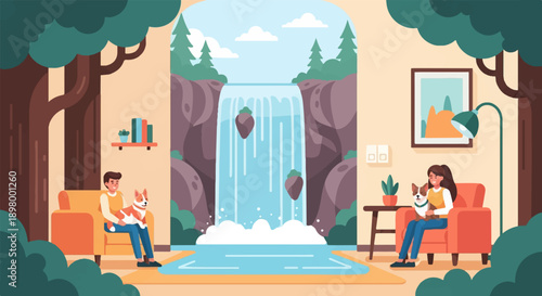 People and pets relax indoors with a peaceful waterfall scene backdrop