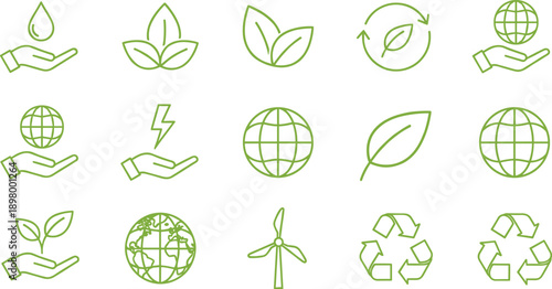 Green eco line icons set with leaf, globe, recycling, renewable energy symbols for sustainability and environmental protection concepts