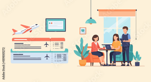 People planning travel arrangements with tickets and a tablet