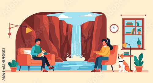 People and pets relax indoors with a stunning waterfall view