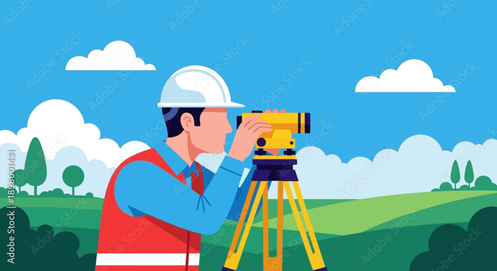 Fototapeta premium Illustration of a surveyor using a theodolite in a green landscape with blue sky