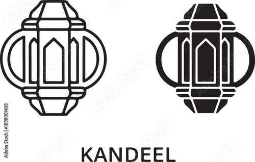 Two distinct black and white designs of traditional candle holders named kandeel isolated on white background, illustration