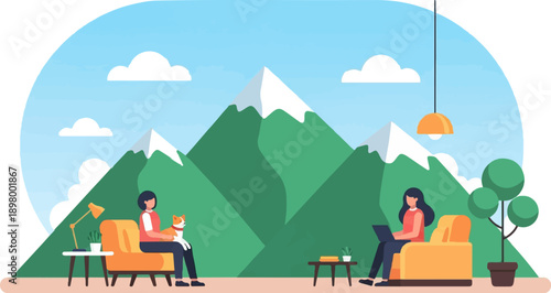 People relaxing indoors with a dog, enjoying mountain views and working remotely