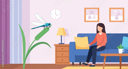 Woman relaxing on sofa, observing a dragonfly on a plant in a room