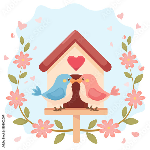Cute Love Birds in Birdhouse Valentine Illustration
