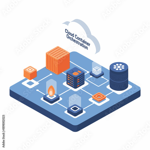 Cloud Container Orchestration System with Various Icons.