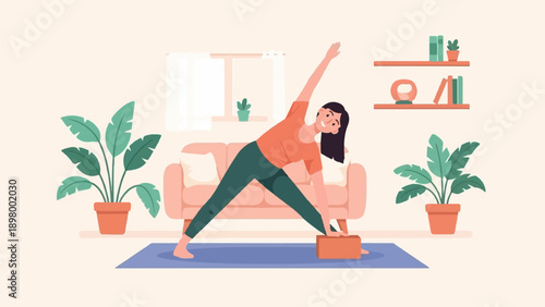 Woman practicing triangle pose yoga on mat with yoga block indoors