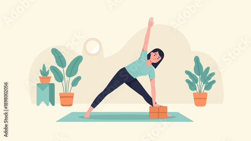 Woman practicing yoga triangle pose with plants and a circular wall decor