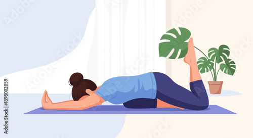 Woman practicing yoga pose on a mat, indoor plant nearby