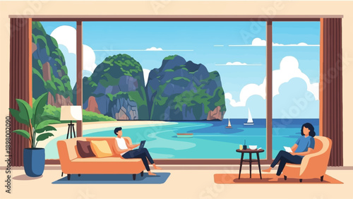 People relaxing indoors with a stunning ocean and island view
