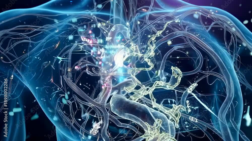 transparent torso reveals pulsing neural pathways around heart and ...