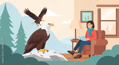 Woman reading in armchair with eagles and winter landscape